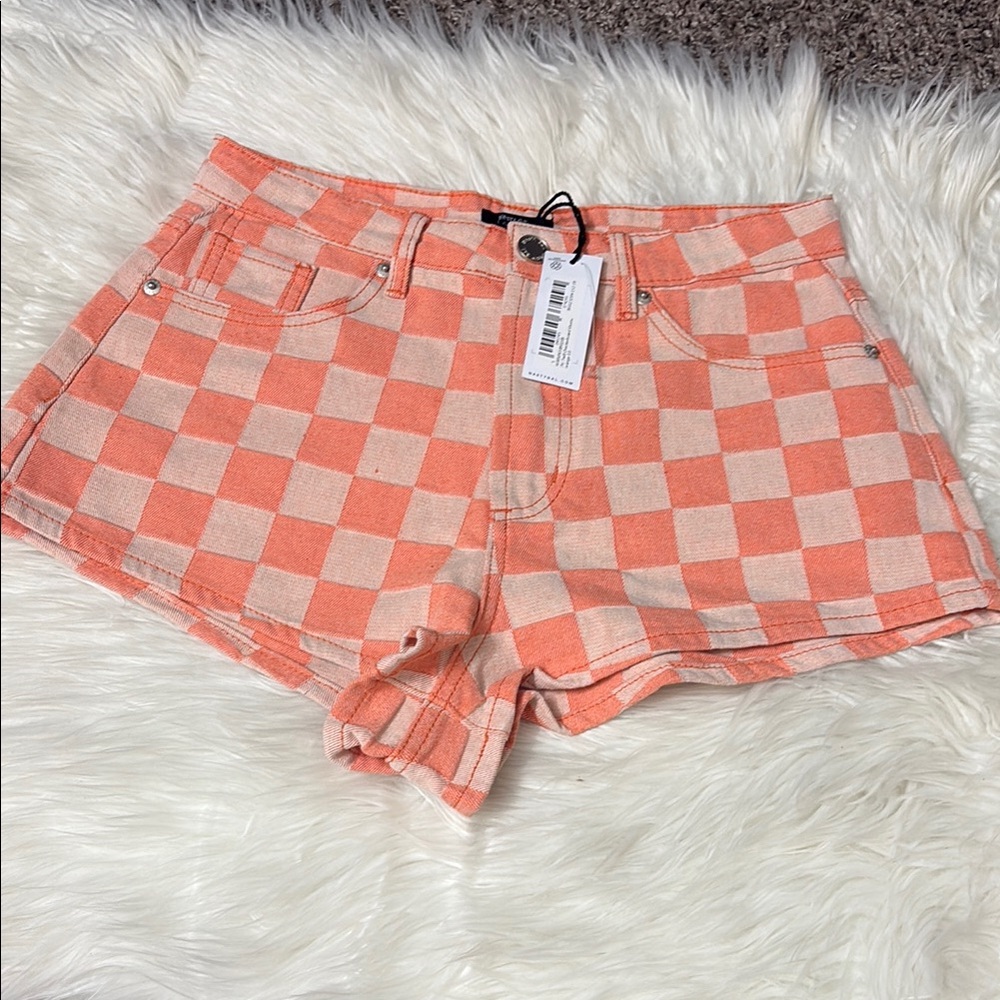 NWT Nasty Gal Twill Orange Checkerboard Shorts Size US 6